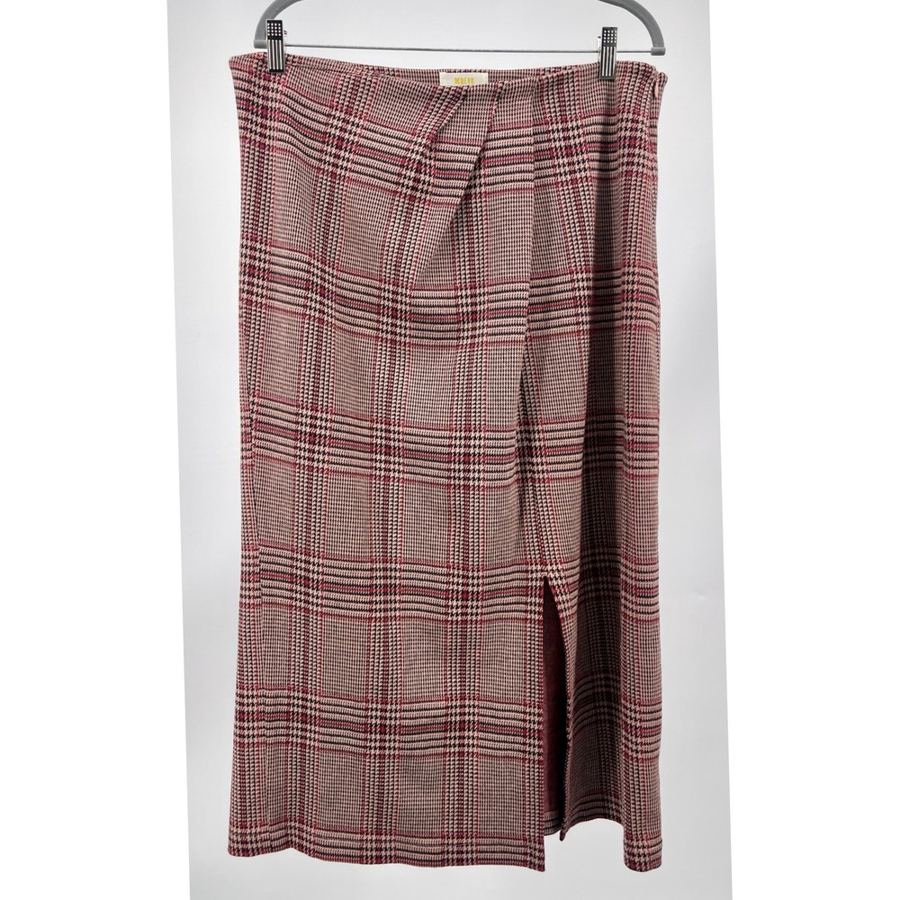 Maeve Anthropologie Skirt Womens XL Red Black Plaid Faux Wrap Midi Slit